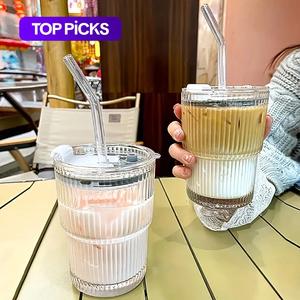 glass cup with straw & lid, 2/4 counts clear glass tumbler cup, washable portable convenience straw drinking cup for home & office use, summer gift for friend, traveling gadgets, drinkware