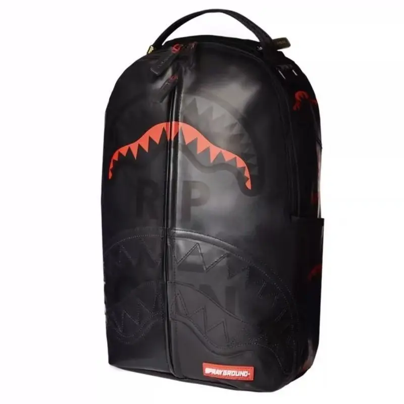 Mocking shark-themed sports backpack for girly students with transparent large-capacity trendy schoolbag for casual travel use.