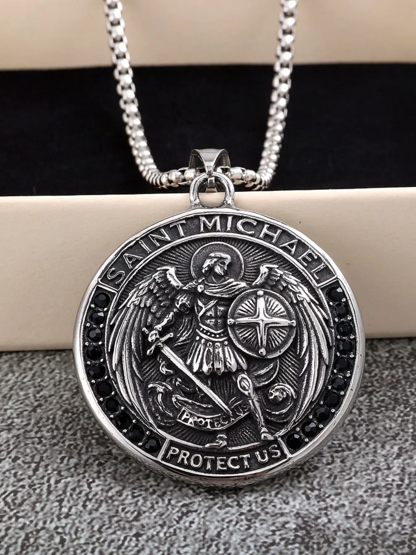 Vintage Saint Michael Angel Pendant Necklace Set for Men, 3 Styles Shield/coin/oval, Stainless Steel Religious Guardian Angel Jewelry