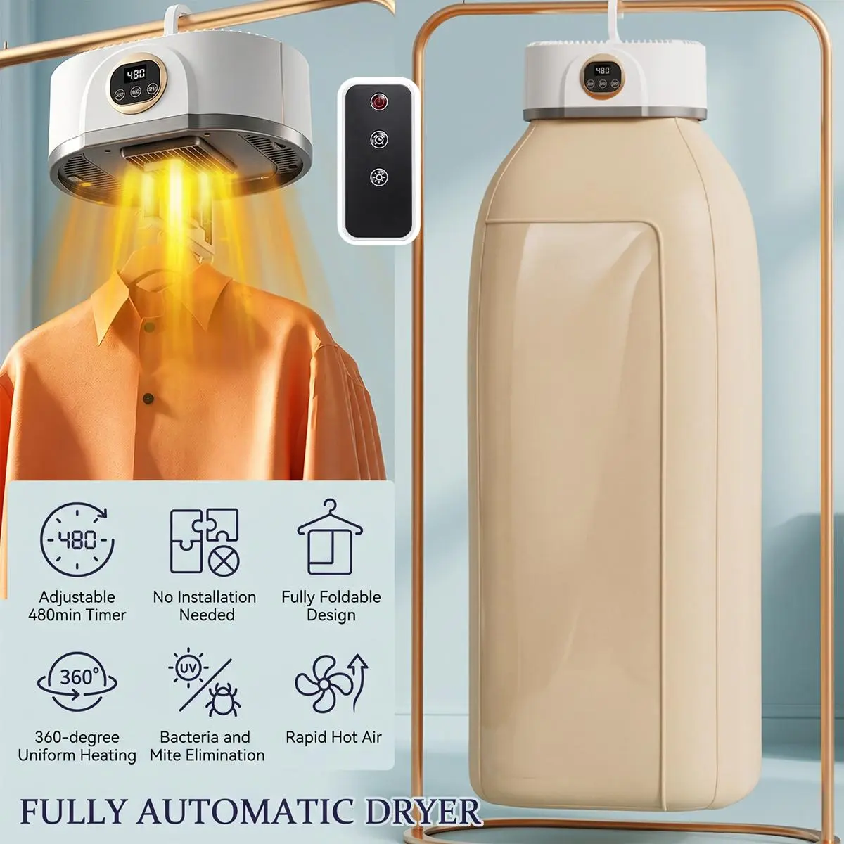 【Back to School Gift】Electric Clothes Dryer with 600W Power, 480-Min Timer, 360° Hot Air, UV Sterilize & Mite Removal, Foldable No-Installation Design, Safe for Silk Cotton Wool Fleece, 29x22cm Portable Household Appliance