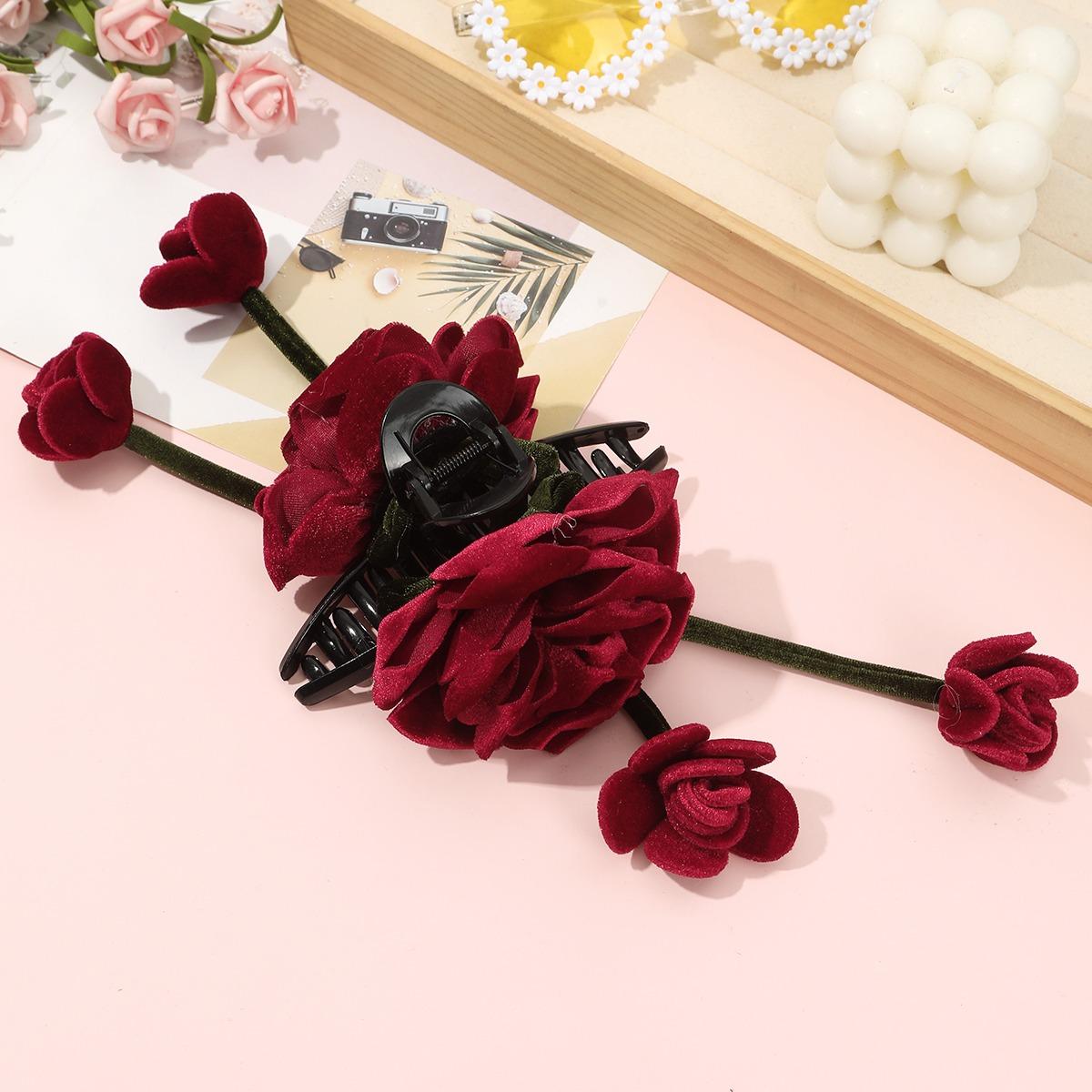 AWAYTR 2 Packs Velvet Rose Flower Hair Claw Clips for Women Girls 5.12" Large Floral Tassel Hair Clips Fashion  Barrettes for Thick Thin Hair Styling Accessories