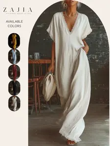 Women's Linen Breathable V-Neck Maxi Dress, Fringe Trim Loose Fit Casual Dress with Pockets, Bohemian Summer Dress, Comfortable and Stylish