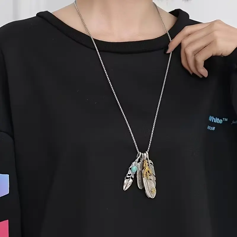 Feather Pendant Necklace, Hip Hop Style, Unisex Silver Color Jewelry, Hypoallergenic, Birthday Gift, Christmas Gift, Includes Gift Box