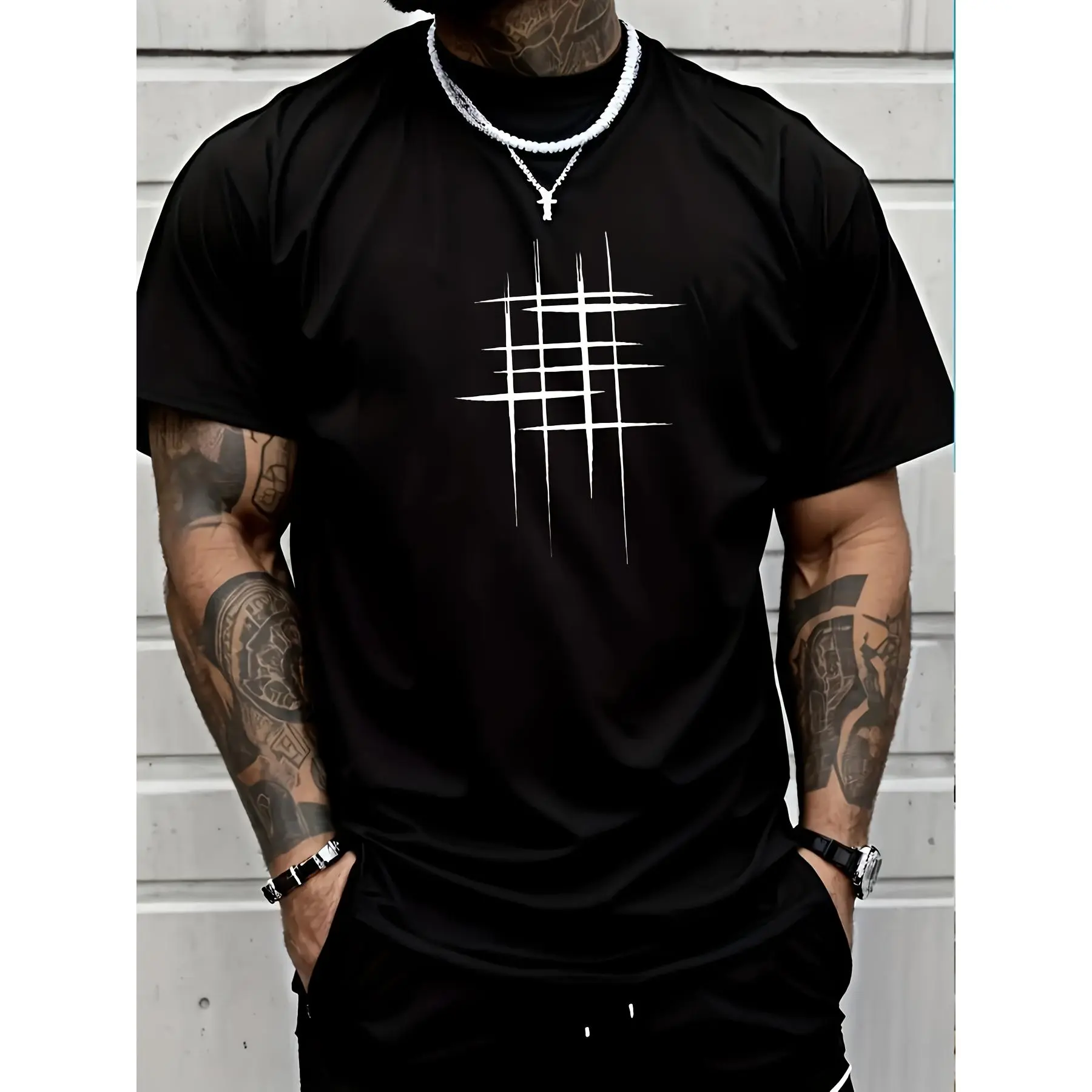 Geometric Print Shortsleeve T-Shirt, Classic Fit Unisex Garment in Soft 100% Cotton Cloth, Casual Crew Neck Top for Summer, Graphic, Menswear, All Seasons