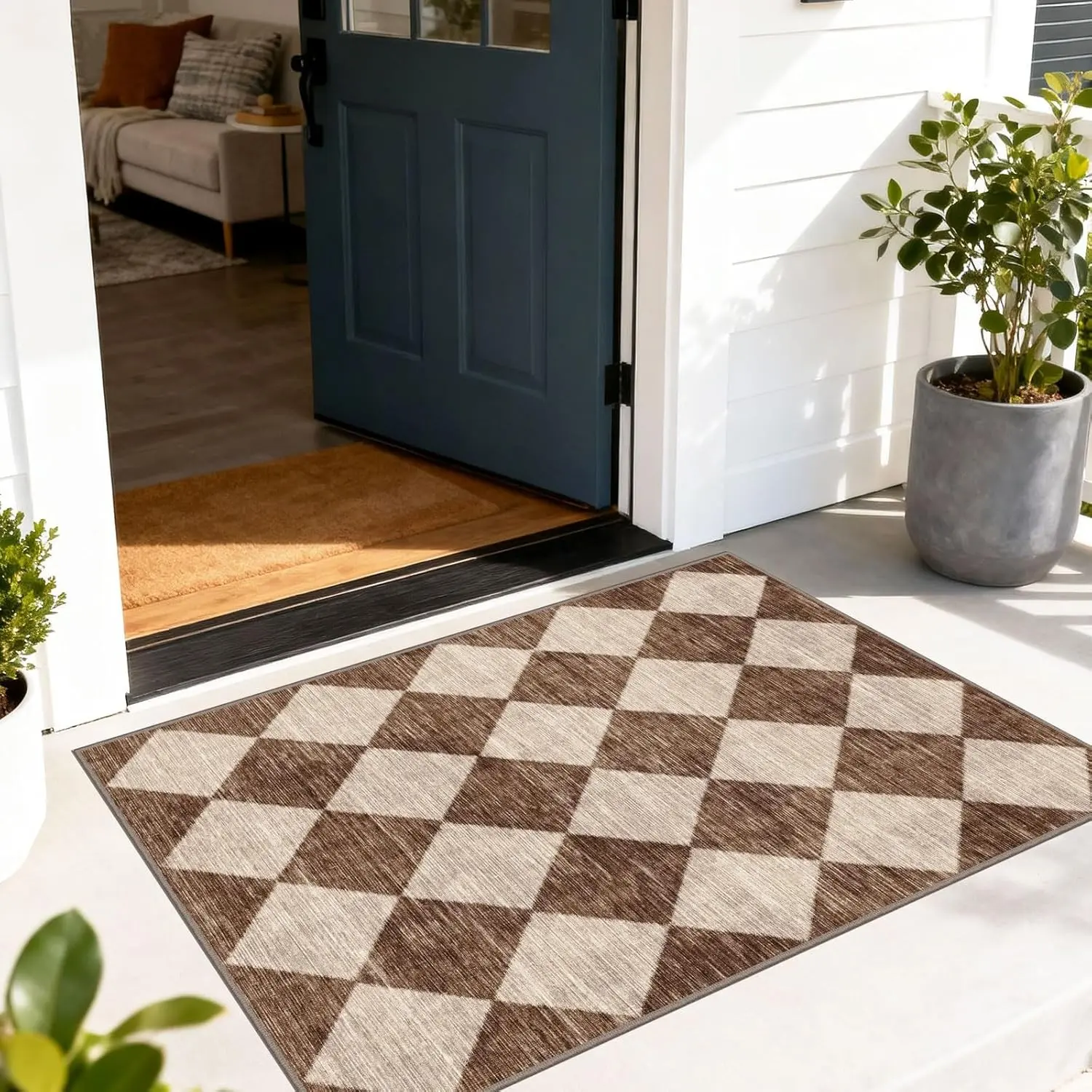 Front Door Mat Outside Entrance - 2x3 Floral Non-Slip Washable Doormat Indoor Outdoor Mat Tan Neutral Farmhouse Scalloped Entry Rug Small Throw Rugs for Entryway Kitchen Front Porch Decor Home Decor Mat