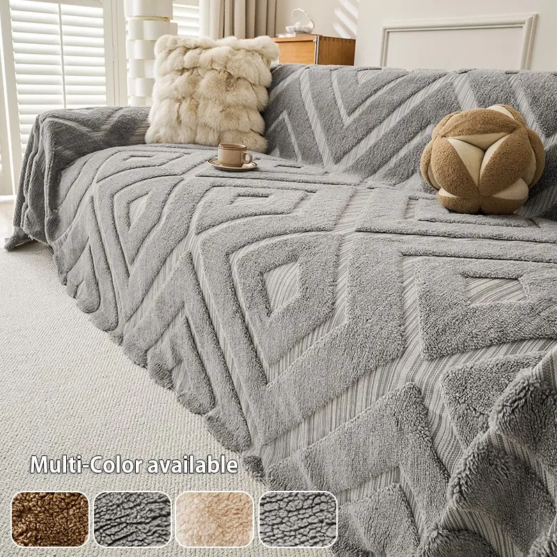 Geometric Textured Sofa Cover, Non-Slip Plush Couch Protector, Soft Sofa Protector, Machine Washable Universal Furniture Slipcover for Living Room, Pet Friendly