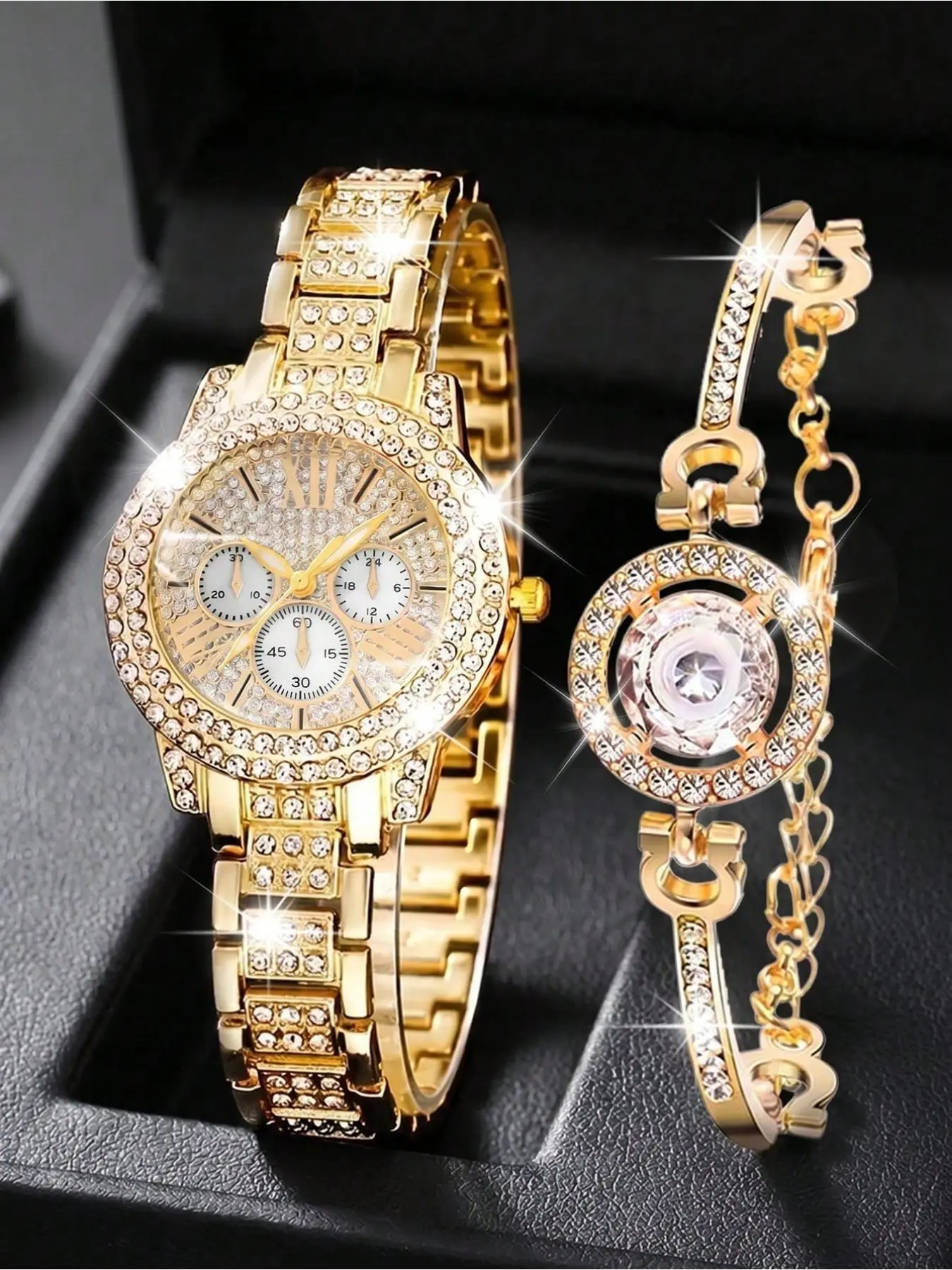 2pcs Fashion Versatile Shiny Crystal Quartz Watches For Women, Featuring Minimalist Round Dial, Metal Strap, And Crystal-Encrusted Bezel, Perfect Gift