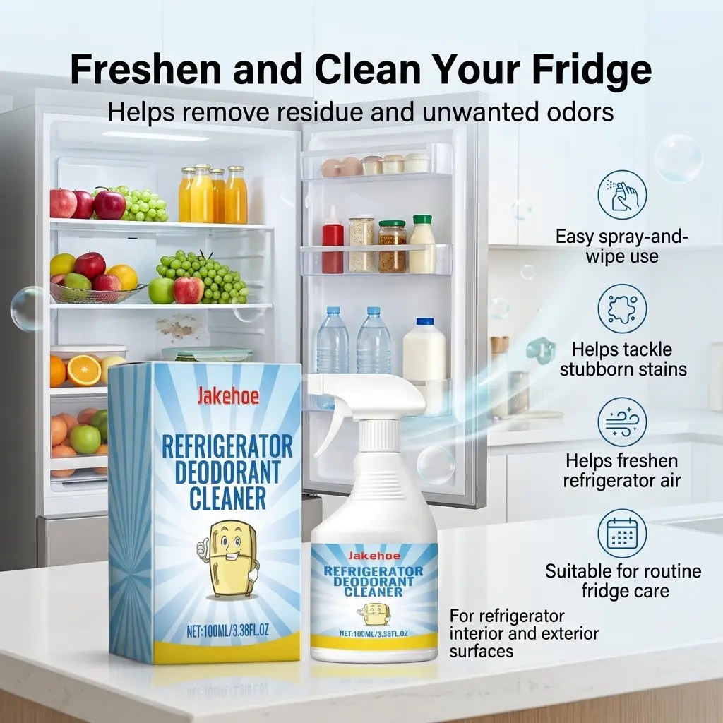 Refrigerator Deodorizing Cleaner Spray - Odor Removal for Food Smells, Sticky Residue, Grease Marks, Stains, Dirt, Grime; Cleans Fridge Surfaces, Freezer Shelves, Drawers, Door Seals, Kitchen Appliance Surfaces for Daily Cleaning & Kitchen Care
