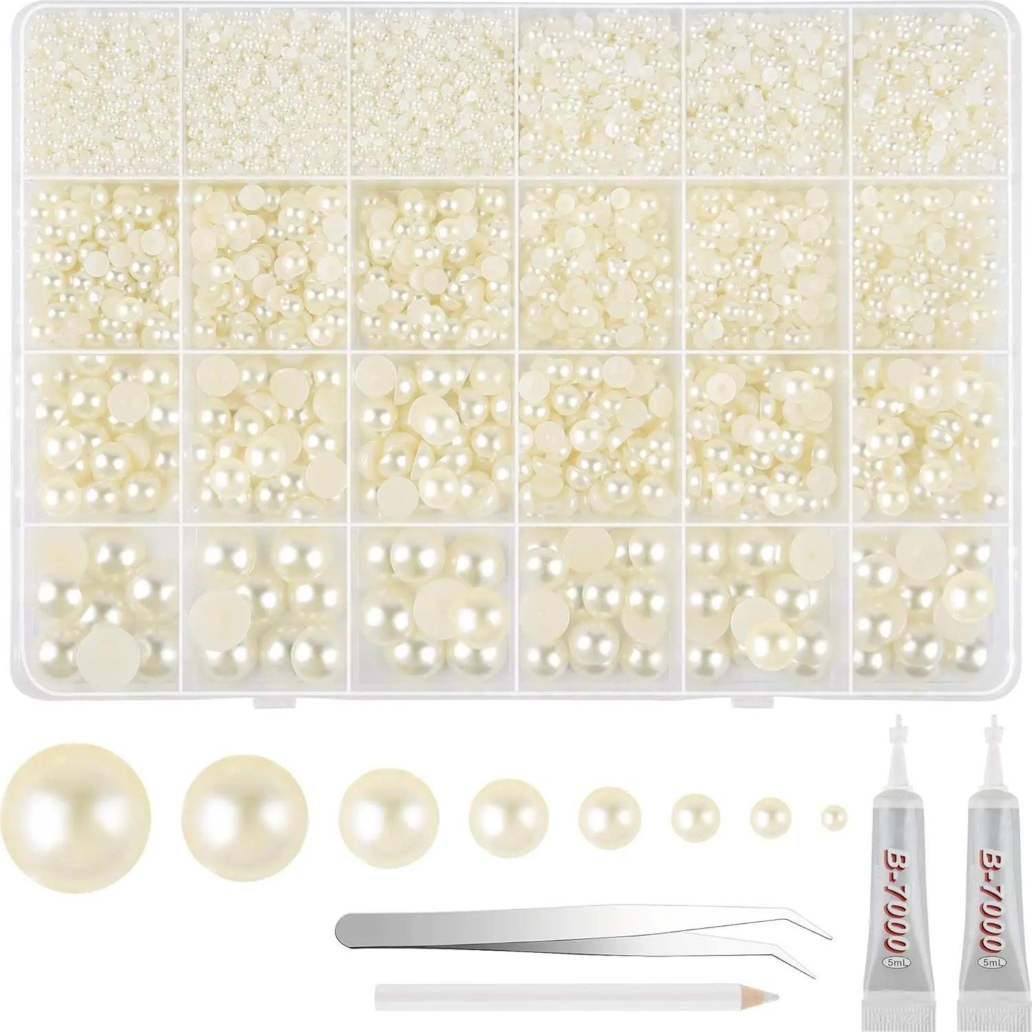 13000 Pcs Ivory White Flat Back Pearl Kit 8 Sizes with Tweezer and Picker Pencil Beige Half Round Flatback Pearls Beads for DIY Crafts Nails Makeup Clothes