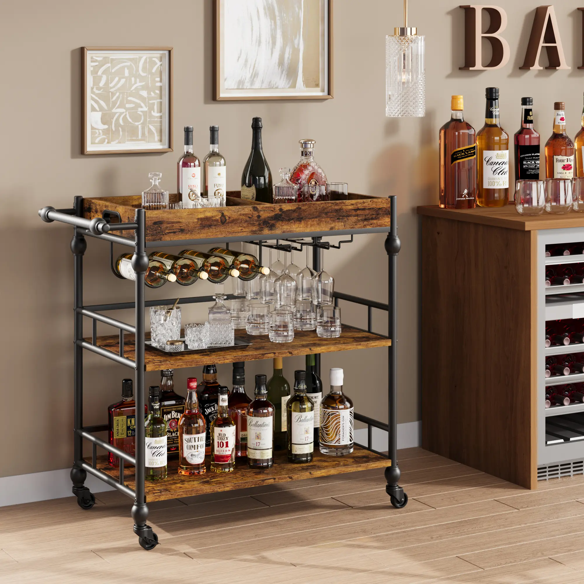 3-Tier Bar Cart with Wine Rack, Glass Holder & Removable Tray – Industrial Gray Metal Serving Cart with Wheels for Kitchen, Dining & Living Room – Bar Furniture