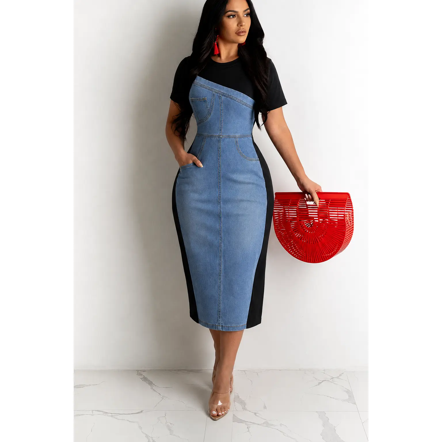 Large Size - Large Size Women's Denim Short Sleeve Long Dress - New Denim Dress with Pockets Oblique Splicing Design Sense French Elegance Fashion Temperament Long Skirt