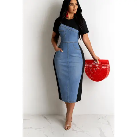 Women's Plus Size Casual Plain Denim Maxi Dress - Short Sleeves, Oblique Splice Detail, Pockets, Button Front, Curvy Fit, Elegant French Style, Machine Washable, Normal Type, Long Length, 2XL