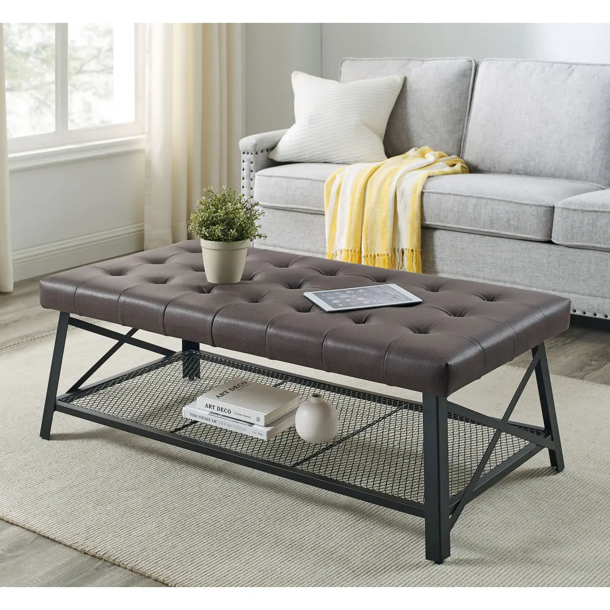 Tufted Faux Leather Upholstered Coffee Table Modern Living Room Furniture Decorative Storage Display Table