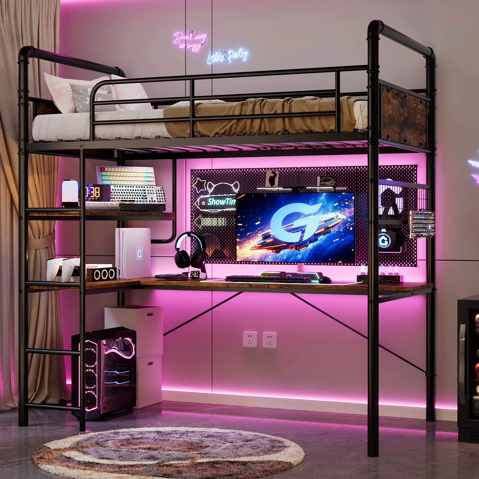 Modern Twin Loft Bunk Bed with L-Shaped Desk – Metal Frame, Ladder, High Safety Guardrail, Shelves & Mesh – Space-Saving, Sturdy, Easy Assembly – For Kids, Teens, Adults