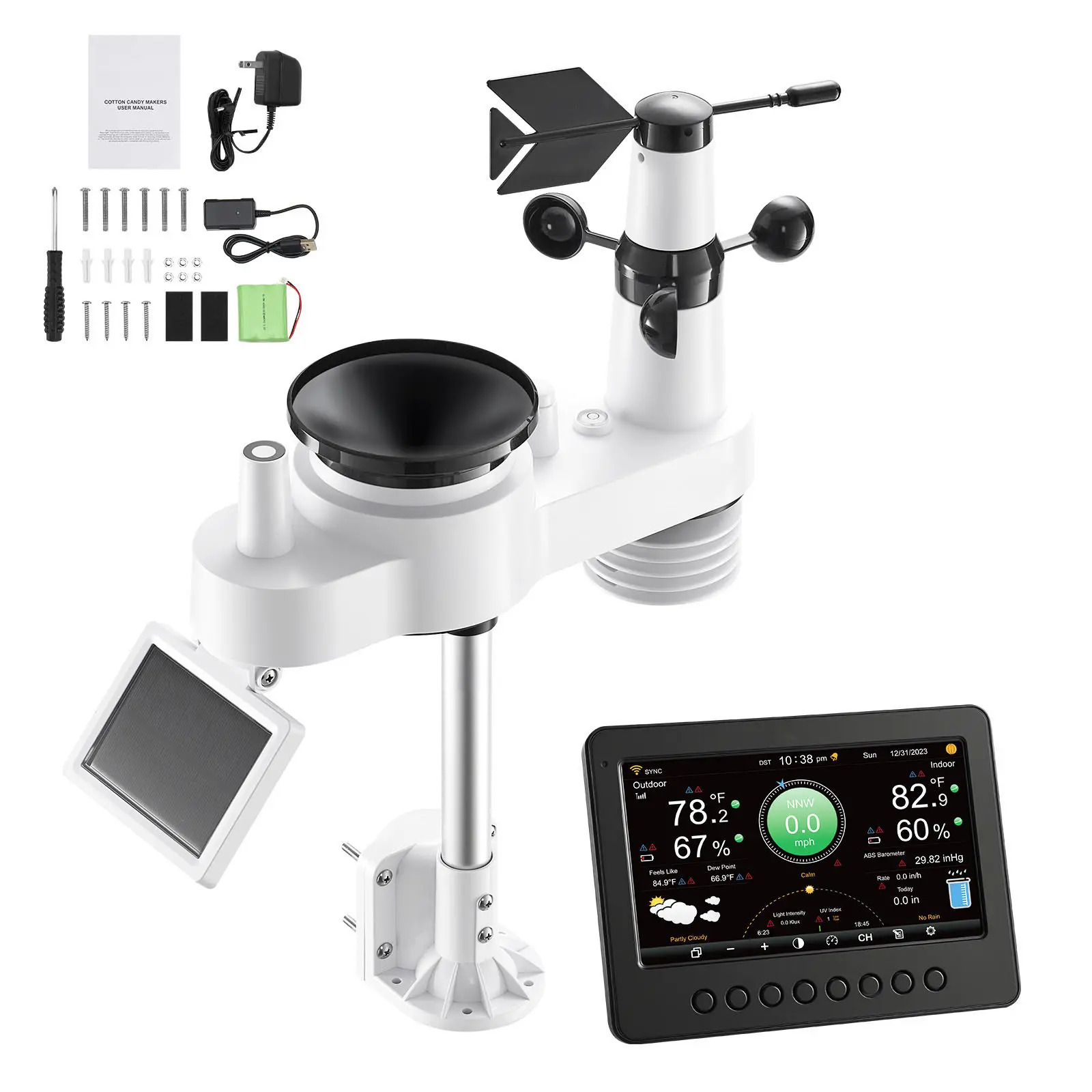7-in-1 Wi-Fi Weather Station, 7-Inch TFT Display, Wireless Solar Powered Outdoor Sensor, Rain Gauge, Indoor Outdoor for Weather Forecast, Wind Speed Direction, Temperature, Humidity, Rainfall