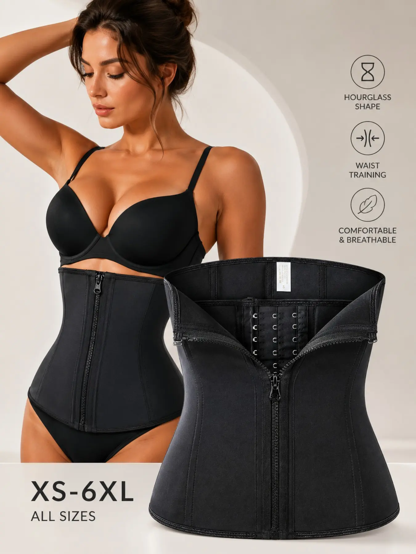 Women Waist Trainer Corset with Zipper Tummy Control Shapewear Breathable Neoprene Waist Cincher Adjustable Hook Body Shaper Belt Fitness Workout Slimming Compression Waist Trainer Underwear