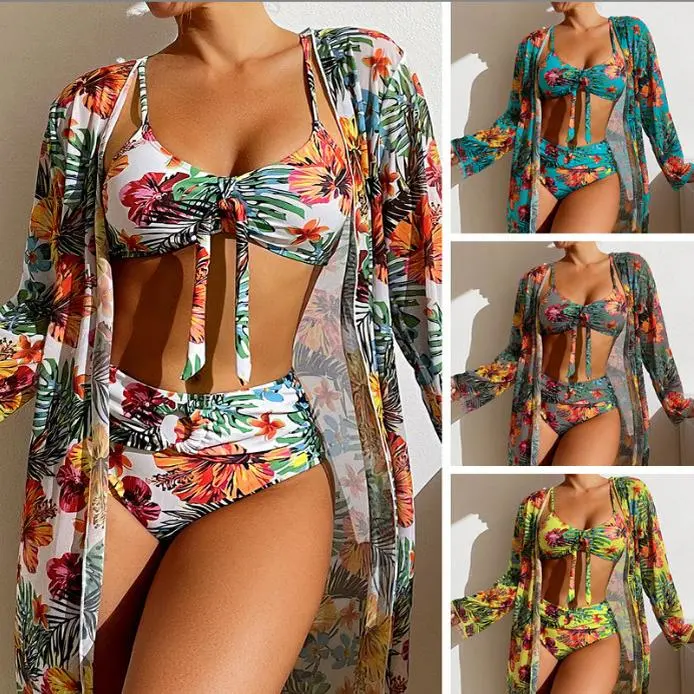 Women's 3-Piece Gray Tropical Printed Rash Guard Swimsuit Set - Quick-Drying High-Waist Swim Shorts, Long-Sleeve Sheer Cover-Up Cardigan for Beach Trips, Summer Vacations, Bikini Top Trunks, Matching Bikini Shorts, Beach Swimwear Clothes, Bikini Swimsuit