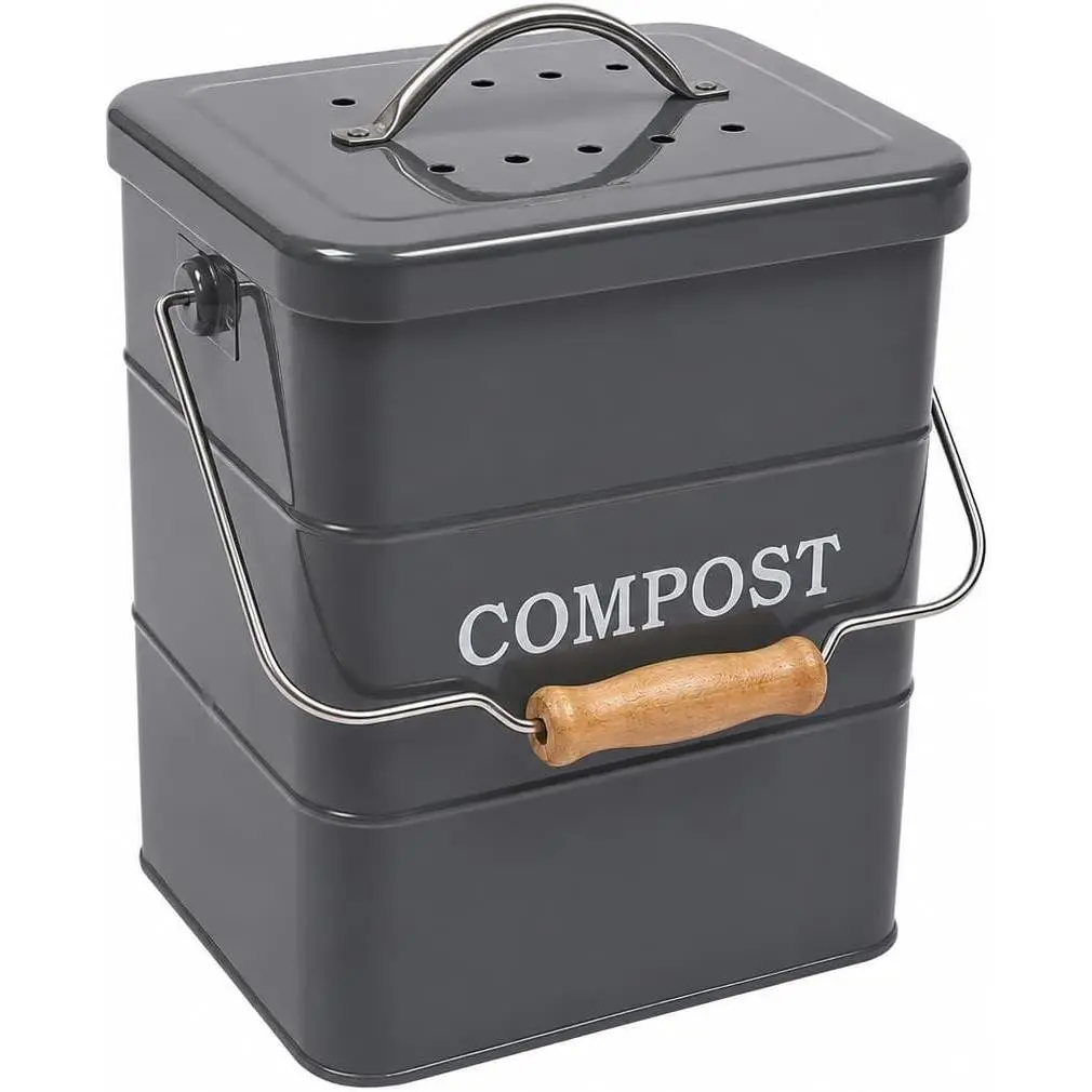 Compost Bin Kitchen Countertop Indoor Compost Pail Bucket for Food Scraps, Carbon Steel with Handles, Gray, 1 Gallon, Includes Charcoal Filter
