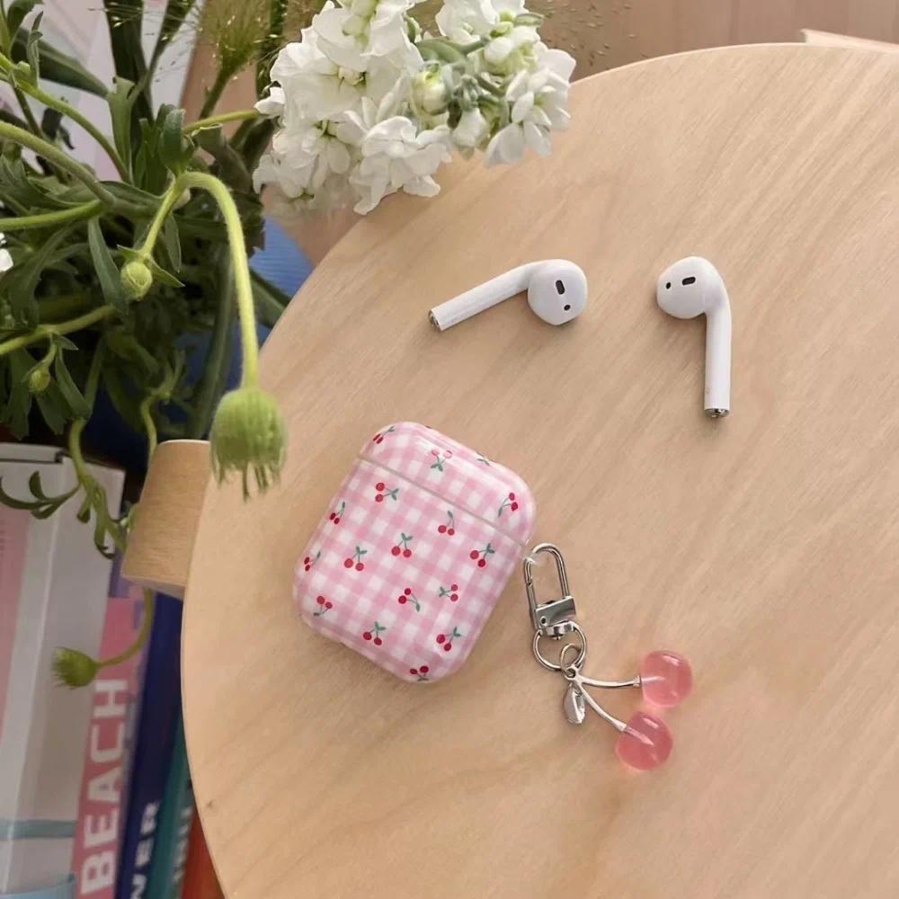 Cute Pink Plaid Cherry AirPods Case – Soft Shockproof Protective Cover, Durable Anti-Drop Shell for AirPods 1/2/3/4/Pro/Pro 2