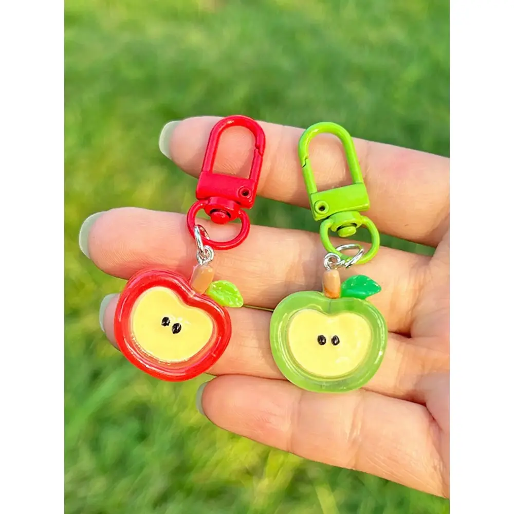 2Pcs Cute Kawaii Apple Keychain Set, Red & Green Acrylic Pendant with Funny Face Design, Handmade Trendy Bag & Backpack Charm Accessory Gift