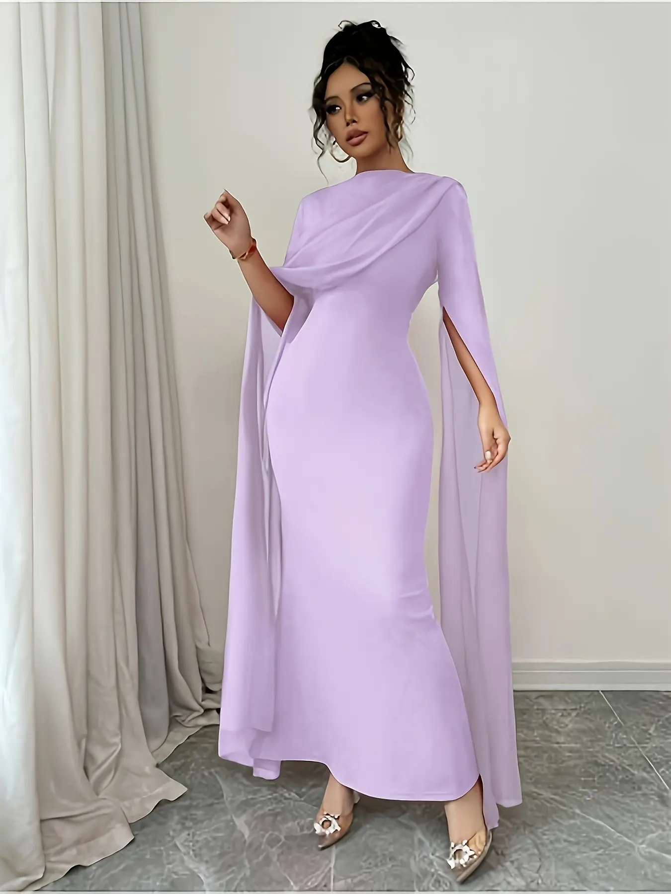 Light Chiffon Sleeveless Bodycon Cape Dress, Long Evening Gown for Parties, Birthdays, Elegant Occasions, Perfect for Special Events