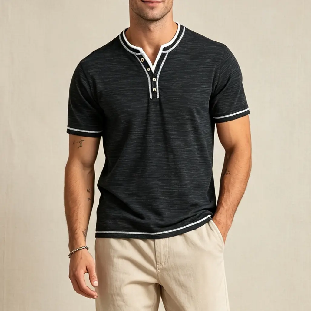 1/2-Pack Men's V-Neck Henley Short-Sleeve Tee with Button-Placket Detailing and a Relaxed Fit, Designed as Versatile Men's Wear for Everyday Casual Styling.