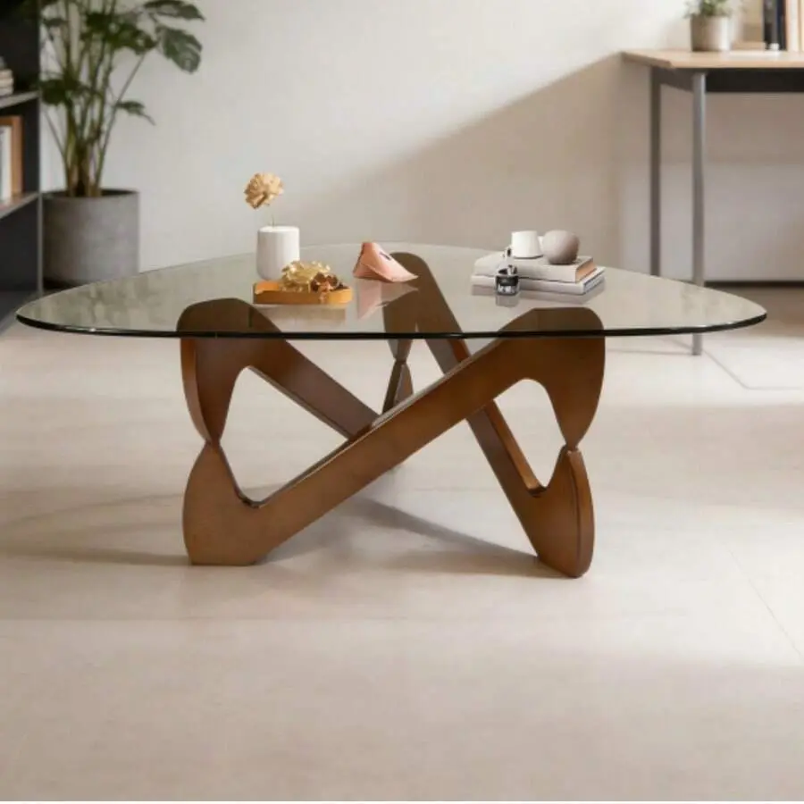 Mid-Century Modern Triangle Coffee Table - Walnut, 35.8" Glass Top with Abstract Wooden Base, Irregular Geometric End Table for Living Room, Hotel