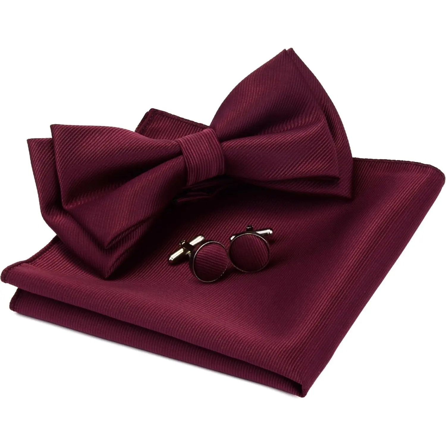 Mens Solid Color Two Layer Pre-tied Bow Tie and Pocket Square Cufflink Set with Gift Box