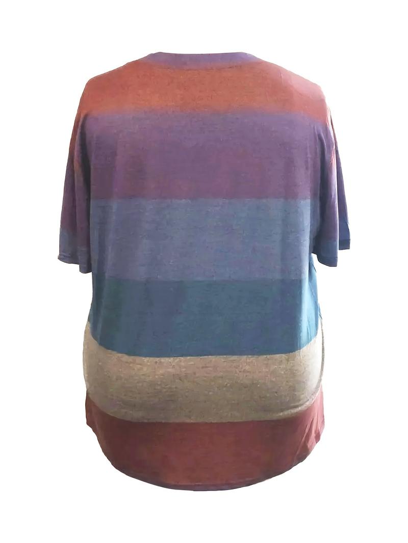 Plus Size Colorful Patchwork Print V Neck Tee, Plus Casual Short Sleeve T-Shirt for Summer, Summer Outfits 2024, Women's Plus Clothing for Daily Wear