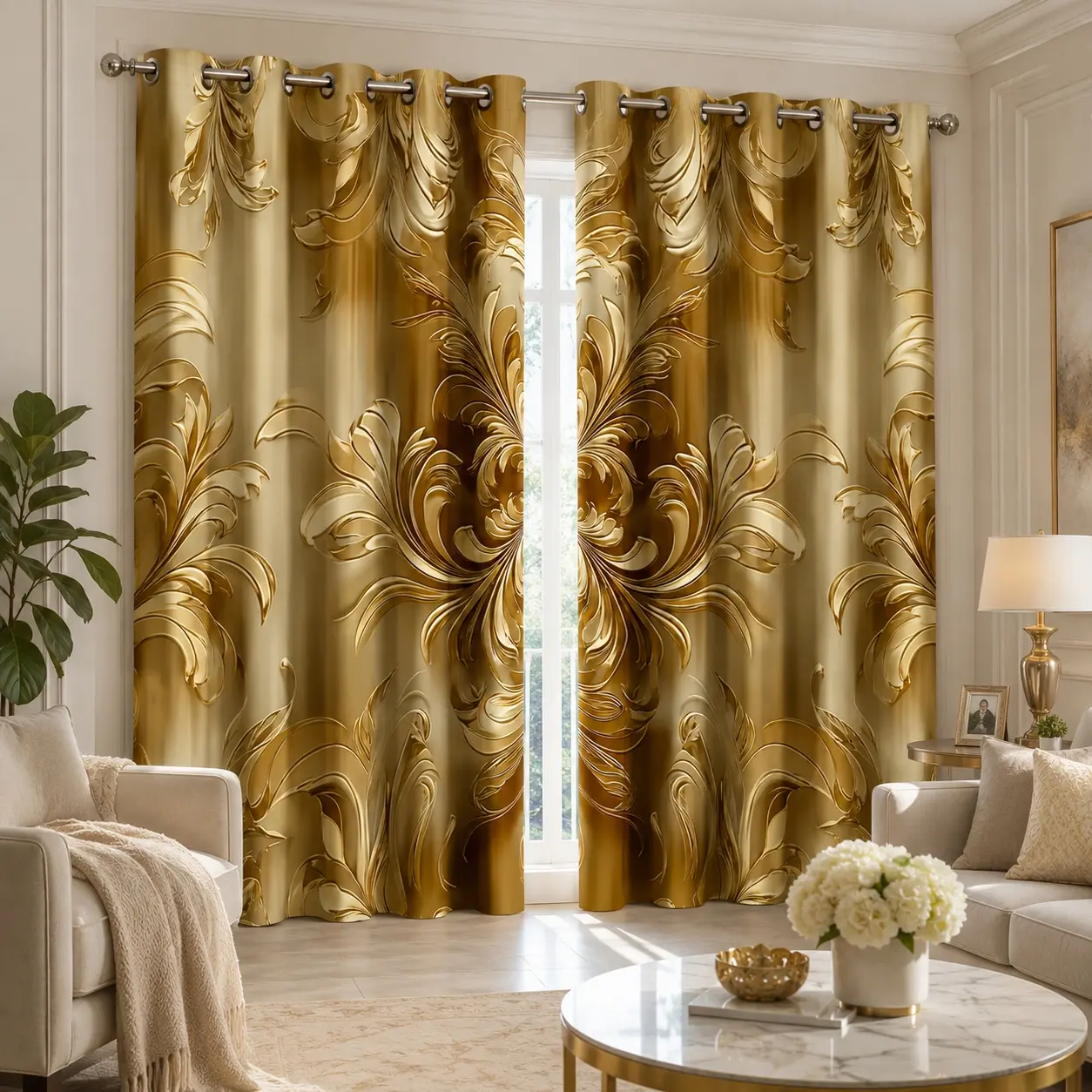 Soft Art Deco Golden Floral Semi-Sheer Polyester Curtains - Rod Pocket Window Drapes, Durable, Dustproof, Fade-Resistant, Non-Customized, Machine-Washable Household Textile Decor for Bedroom, Bathroom