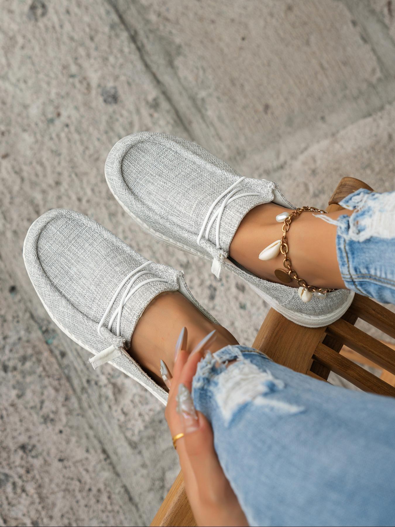 Women's Fashionable Plain Color Round Toe Lightweight Slip Ons Style Sneakers, Lightweight Breathable Comfortable Lace-up Flats Shoes, Casual Comfortable Sports Walking Shoes, Casual Breathable Footwear