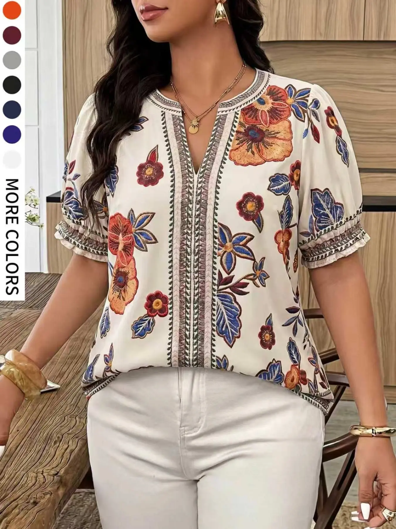 Plus Size Women's V Neck Printed Casual Shirt Blouses, Comfortable Loose Lantern Sleeve Pleated Design, Ideal for Daily Wear and Travel, Garden Party