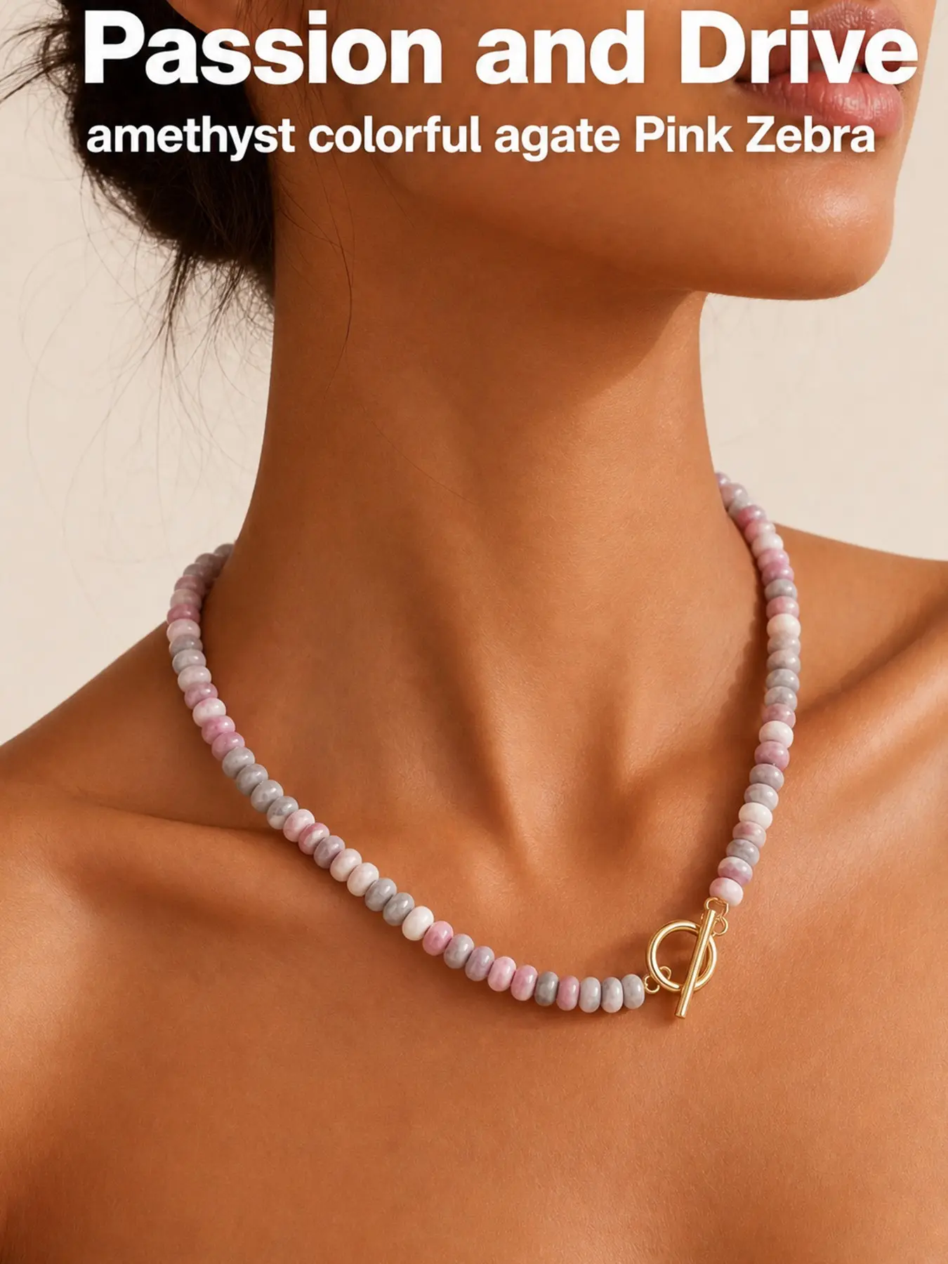 Passion and Drive - Colorful Agate Amethyst Pink Zebra Abacus Beaded Necklace, Dopamine Crystal Choker, Crystal Jewelry
