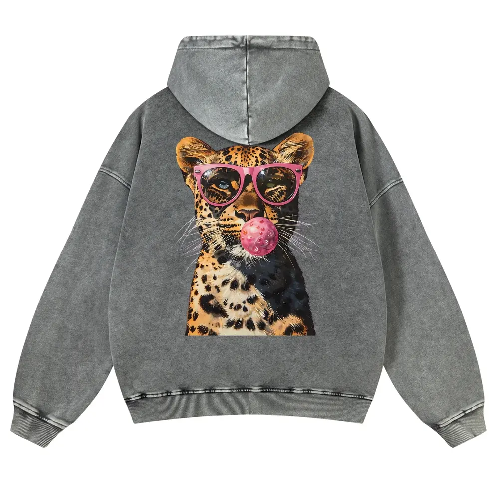 Unisex Vintage Black Acid Wash Hoodie | Back Graphic Leopard with Pink Sunglasses Sweatshirt | Bubblegum Cheetah Oversized Hooded Pullover Trendy Y2K Grunge Streetwear Outfits