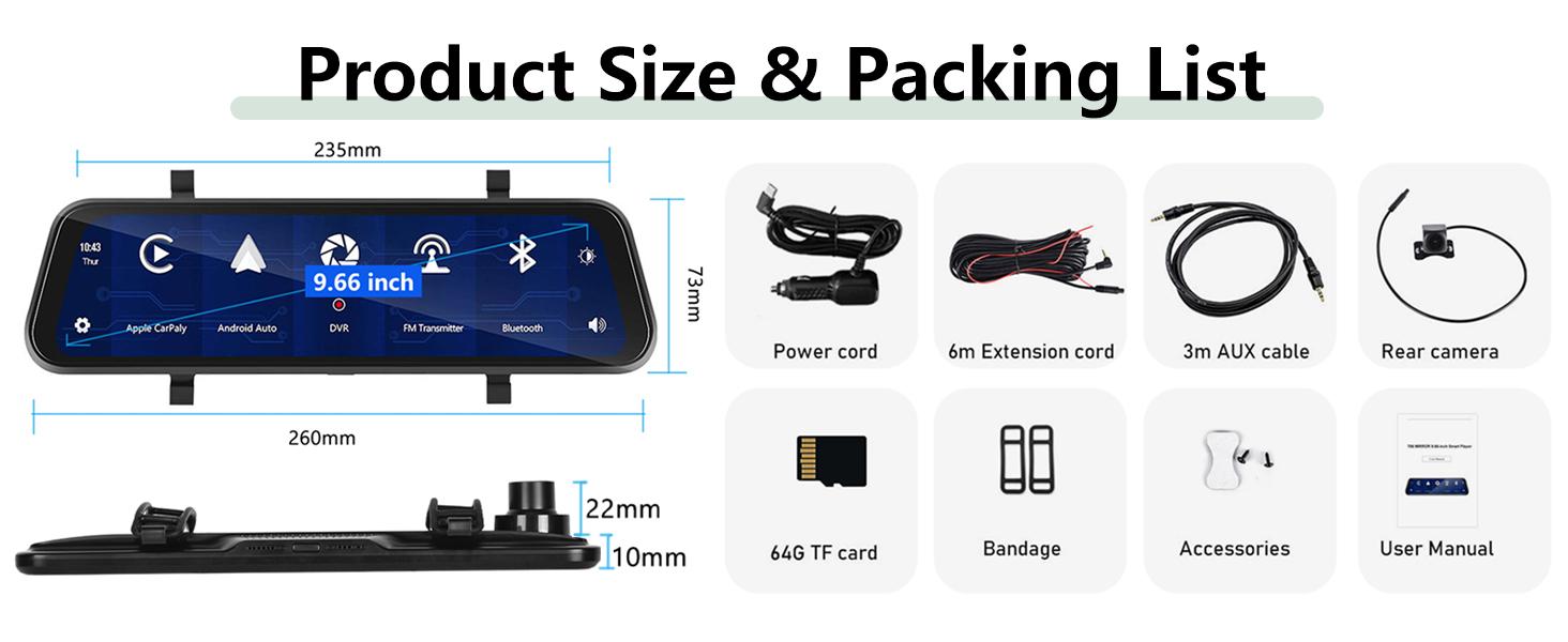9.66" Carplay Mirror Dash Cam with Android Auto, Rear View Mirror Camera Front and Rear Dual Cameras Support Voice Control Night Vision Parking Assistance Monitoring 64G TF Card