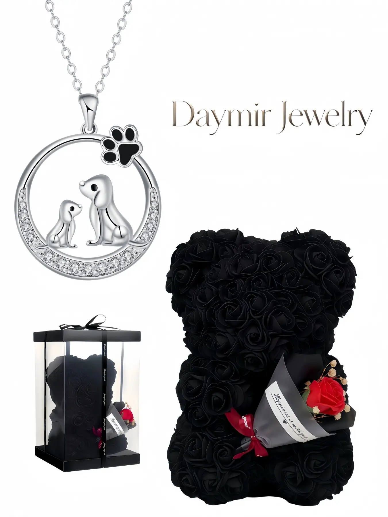 "Dachshund Gem Tale" Niche premium necklace featuring two dachshunds paired with everlasting rose bear gift box. A charming mysterious gift for birthdays, Mother’s Day, Valentine’s Day and Christmas.