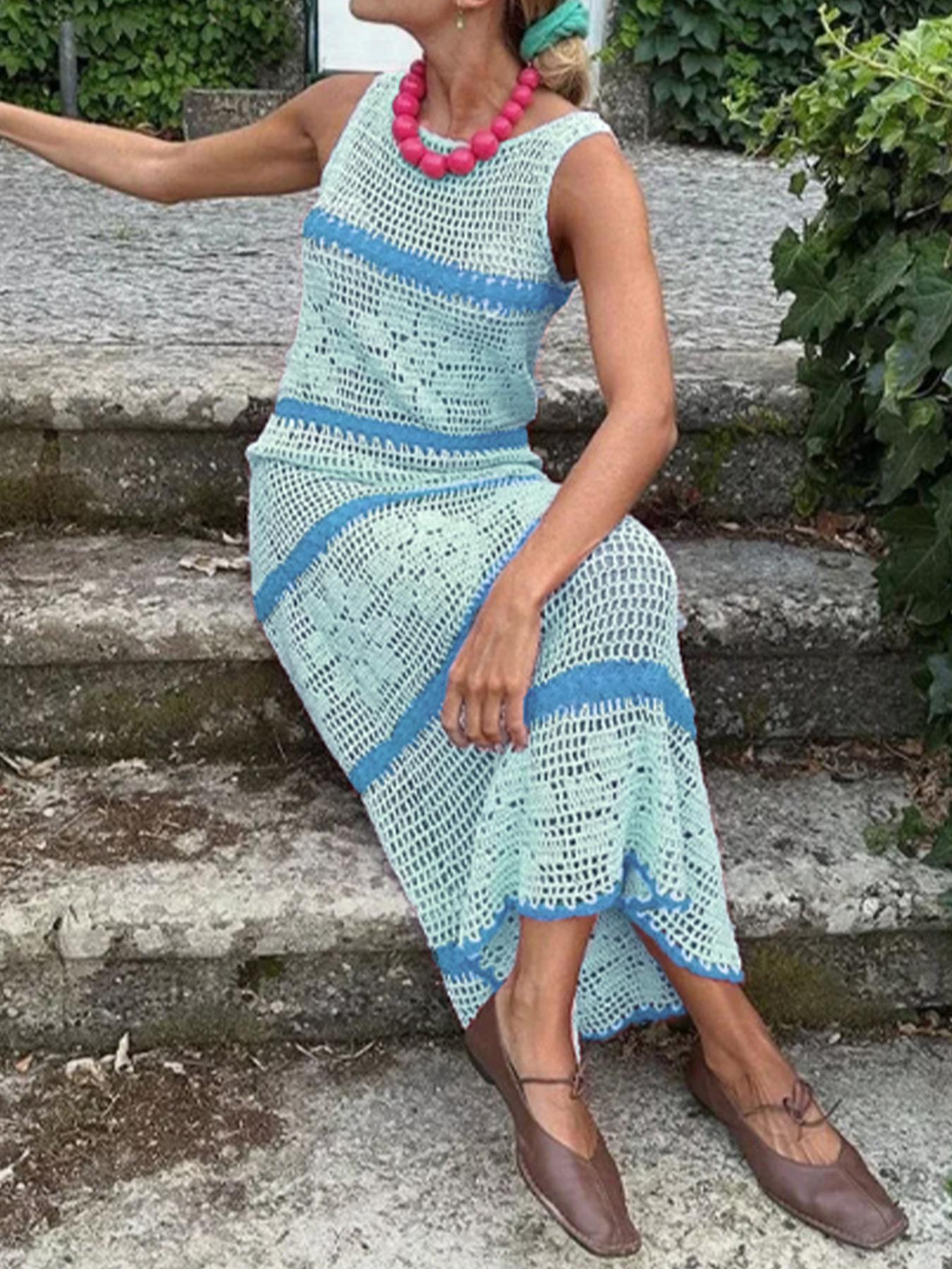 Women's Colorblock Crochet Sweater Dress, Casual Sleeveless Fitted Knitwear for Summer, Fashion Women's Clothing for Daily Wear, Womenswear, Piece