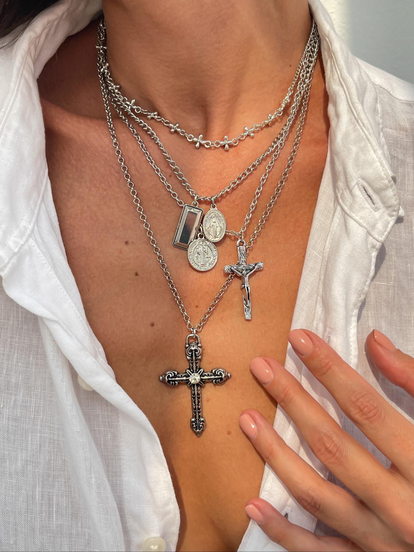 4-Piece Vintage Metal Geometric Circle Pendant Layered Necklace Set, Women's Punk Style Jesus Cross Pendant Jewelry, Unique Fashion Accessories, Jewelry Accessory