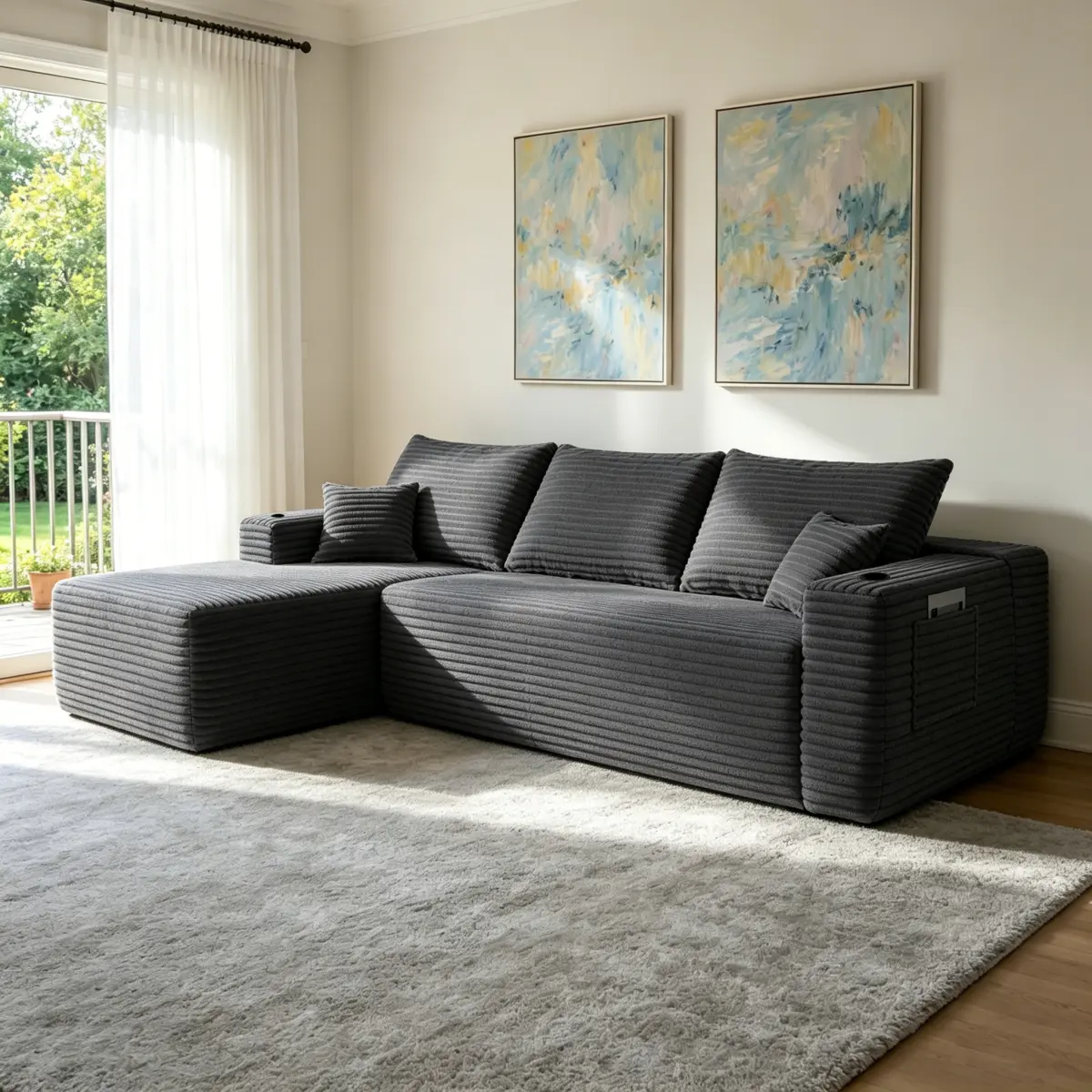 108" Modular Sectional Sofa Couch with L-Shape Chaise and Side Pockets , Modern Modular Cloud Design, Deep Seating, Upholstered Couch for Living Room/Bedroom, No Assembly Required (Plush Fabric), Grey, Left