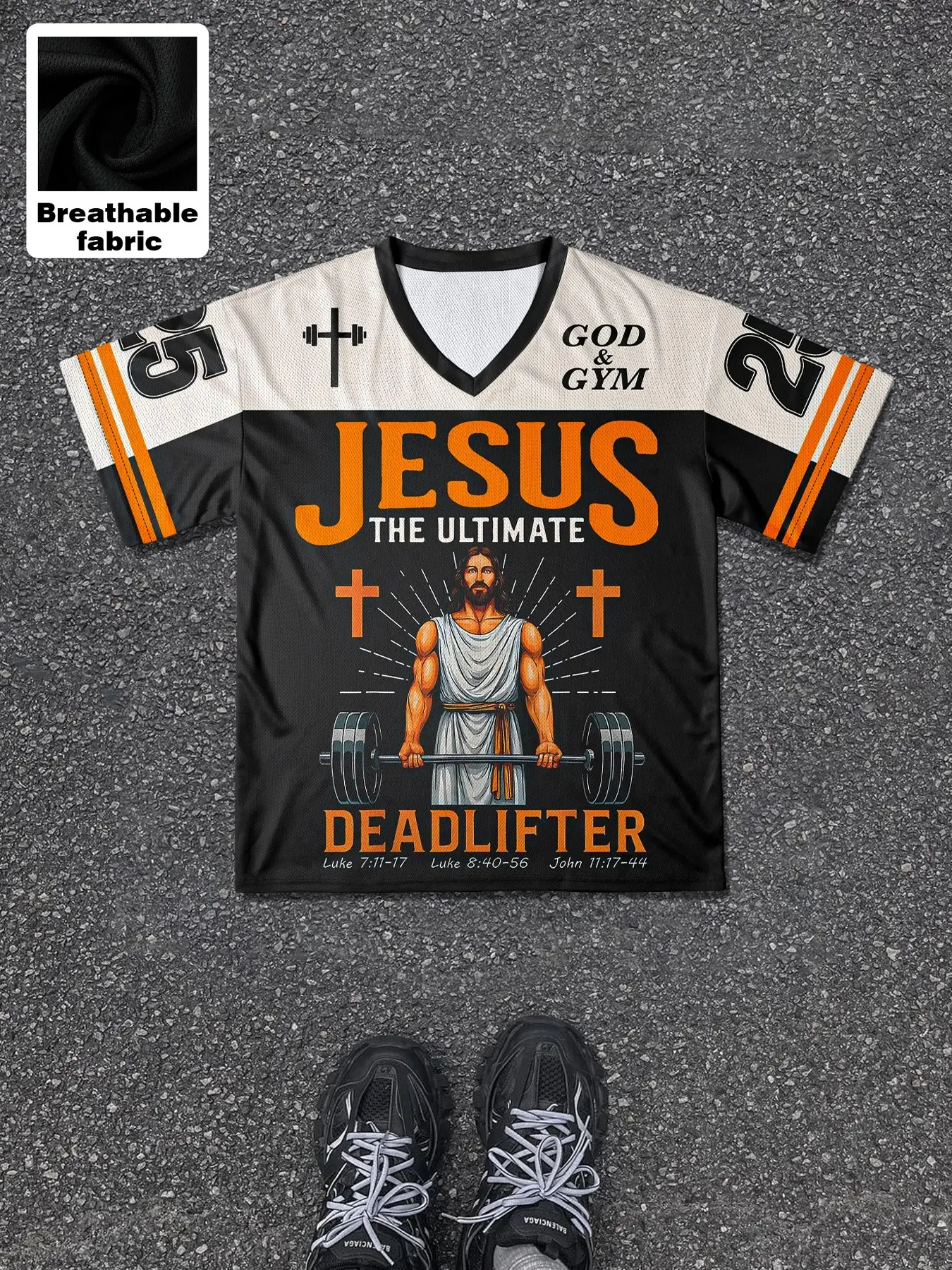 1pc Men's Jesus The Ultimate Deadlifter Graphic Jersey T-Shirt God & Gym Slogan V-Neck Orange & Black Fitness Apparel Christian Bodybuilding Top