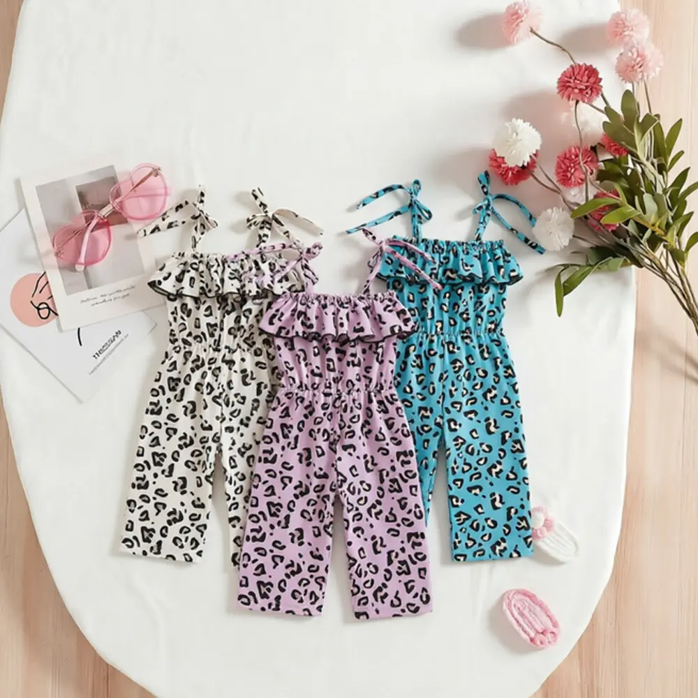 Kids Jumpsuit, Girls Leopard Print Sleeveless Strappy Romper Playsuits for Summer, Pink/Beige/Blue, 1-6 Years,Loose Wide-Leg Pants Summer,for Outdoor