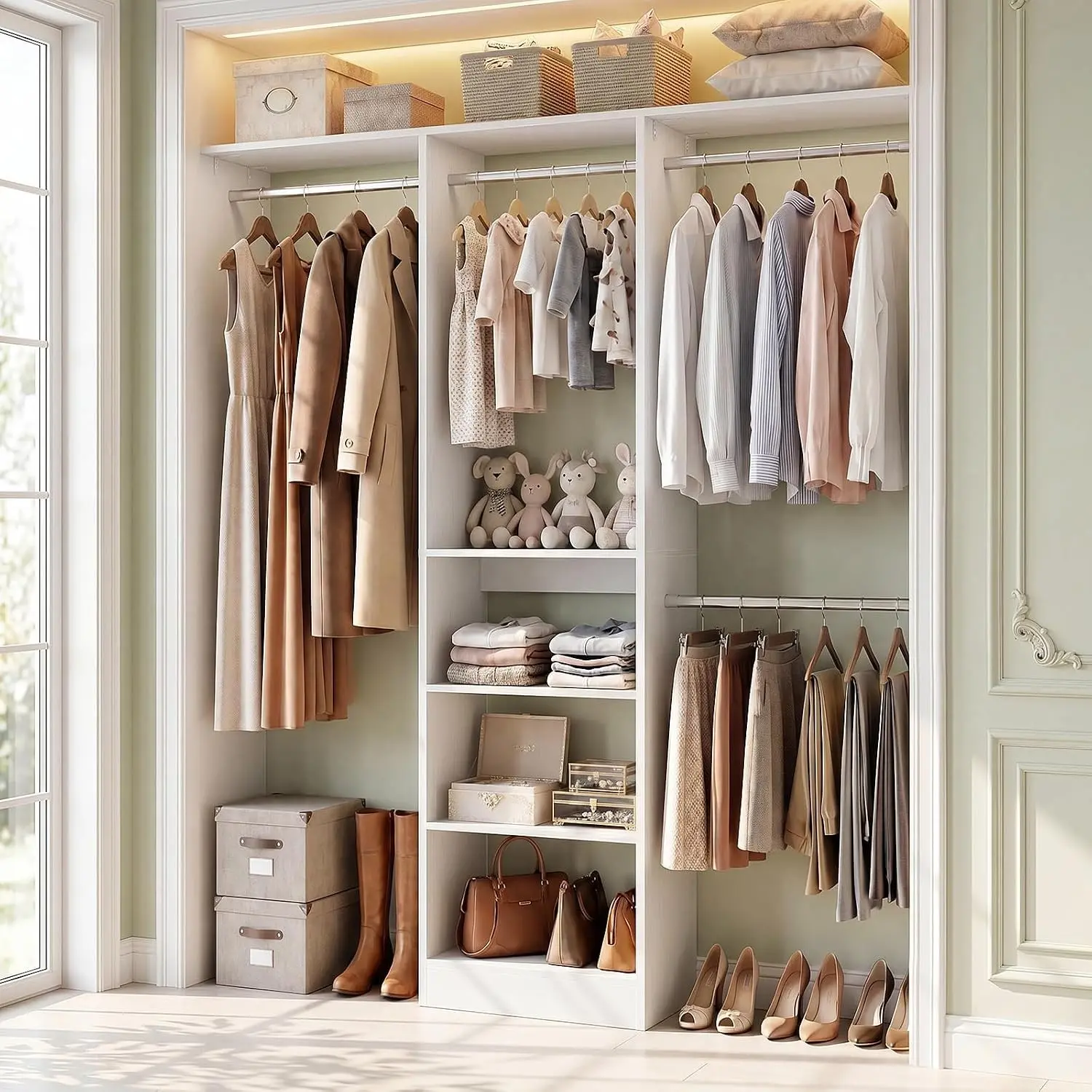 48" Closet Organizer System, 4FT Closet System for Small Closets with 4 Hanging Rods & 3 Shelves, 80"H Small Closet Organizers and Storage for Bedrooms, Cloakrooms, White