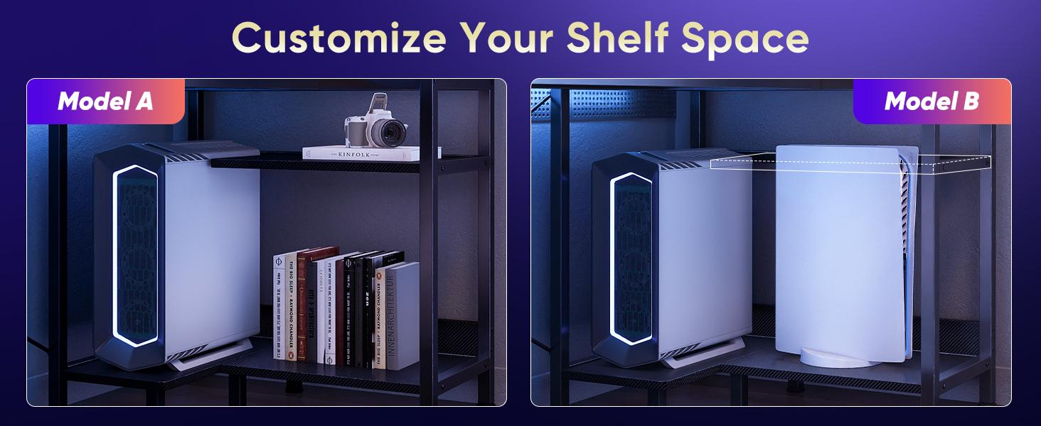 Gaming Desk, Computer Desk with USB Charging Ports, Power Outlets, Type-C and LED Lights, Reversible L Shaped Desk with Storage Shelves & Monitor Stand for Office Gaming Room Black 48IN