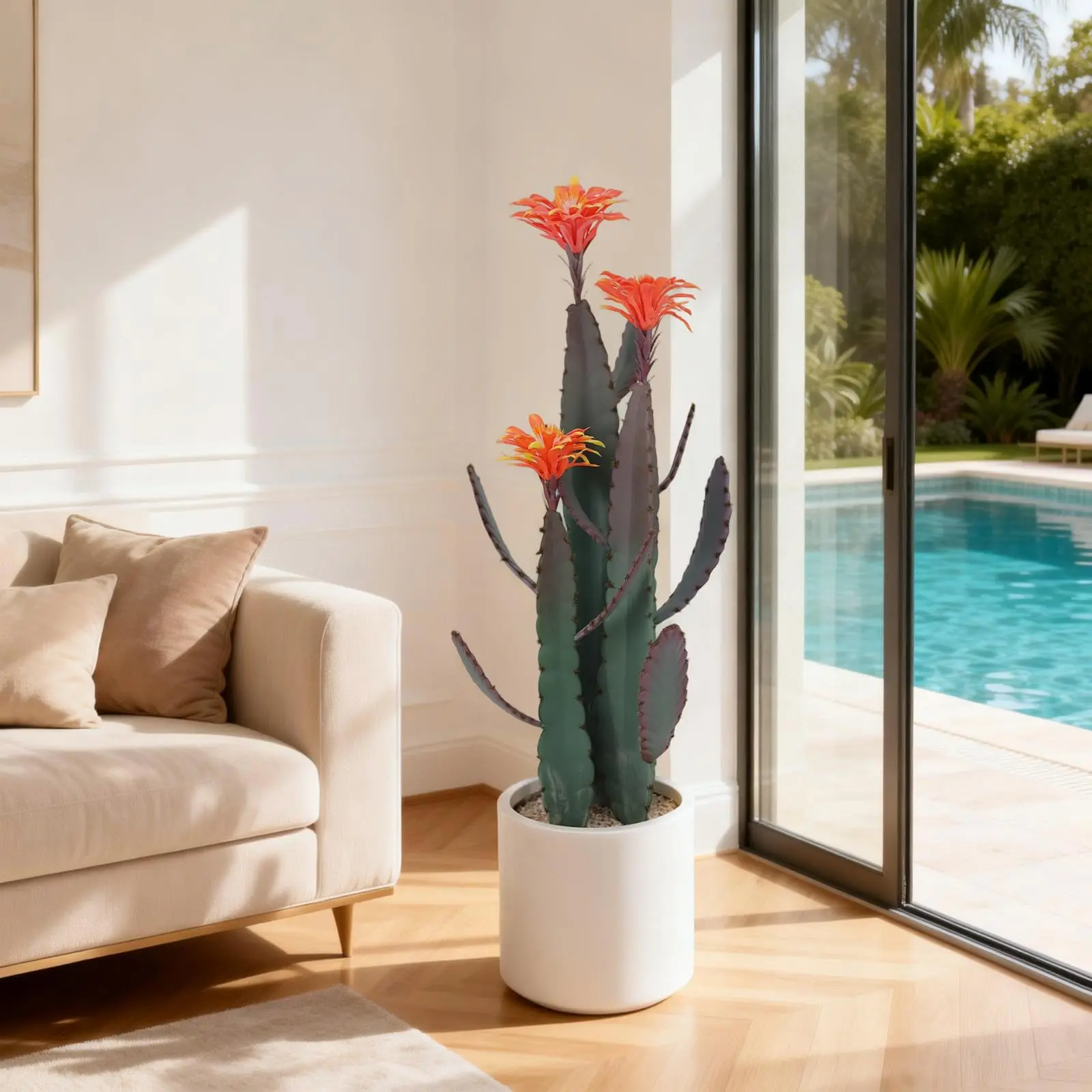 Artificial Cactus Plant, Tall UV-Resistant Fake Cactus with Realistic Texture, Potted Faux Desert Cacti with Planter for Indoor & Outdoor Decoration, Red & Green | Realistic Texture Detail, Potted Faux Desert Cacti, Indoor & Outdoor Use, Decorative Plante