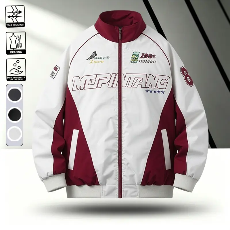 American racing jacket, men's spring and autumn contrasting color splicing letter print motorcycle jacket, trendy loose couple stand up collar cycling baseball jacket