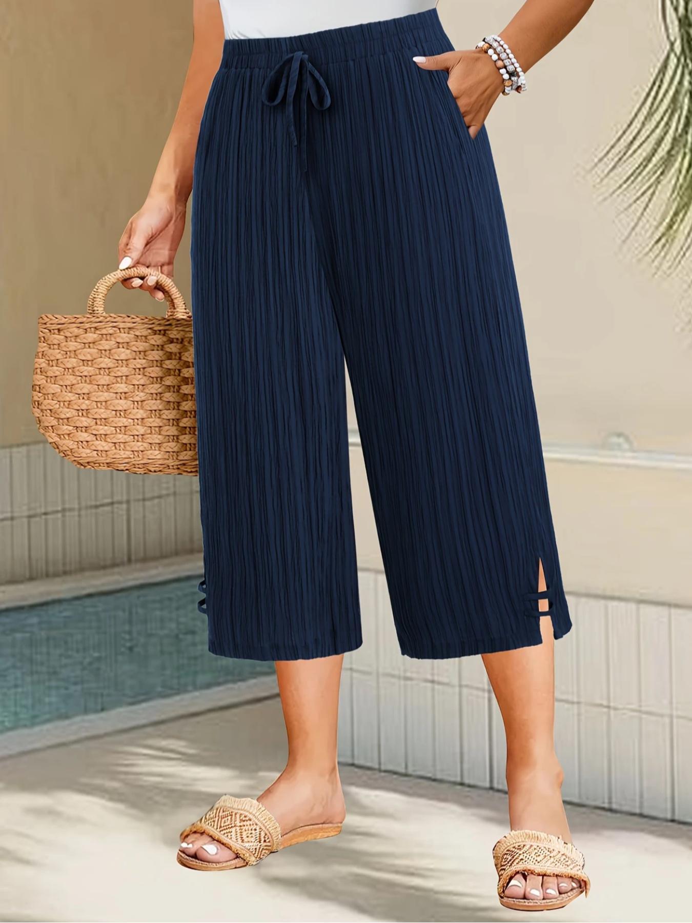 【Plus Size】 Solid Color Capri Pants, Casual Comfy Wide Leg Pants for Summer, Women's Bottoms for Daily Wear, Casual Chic Bottoms