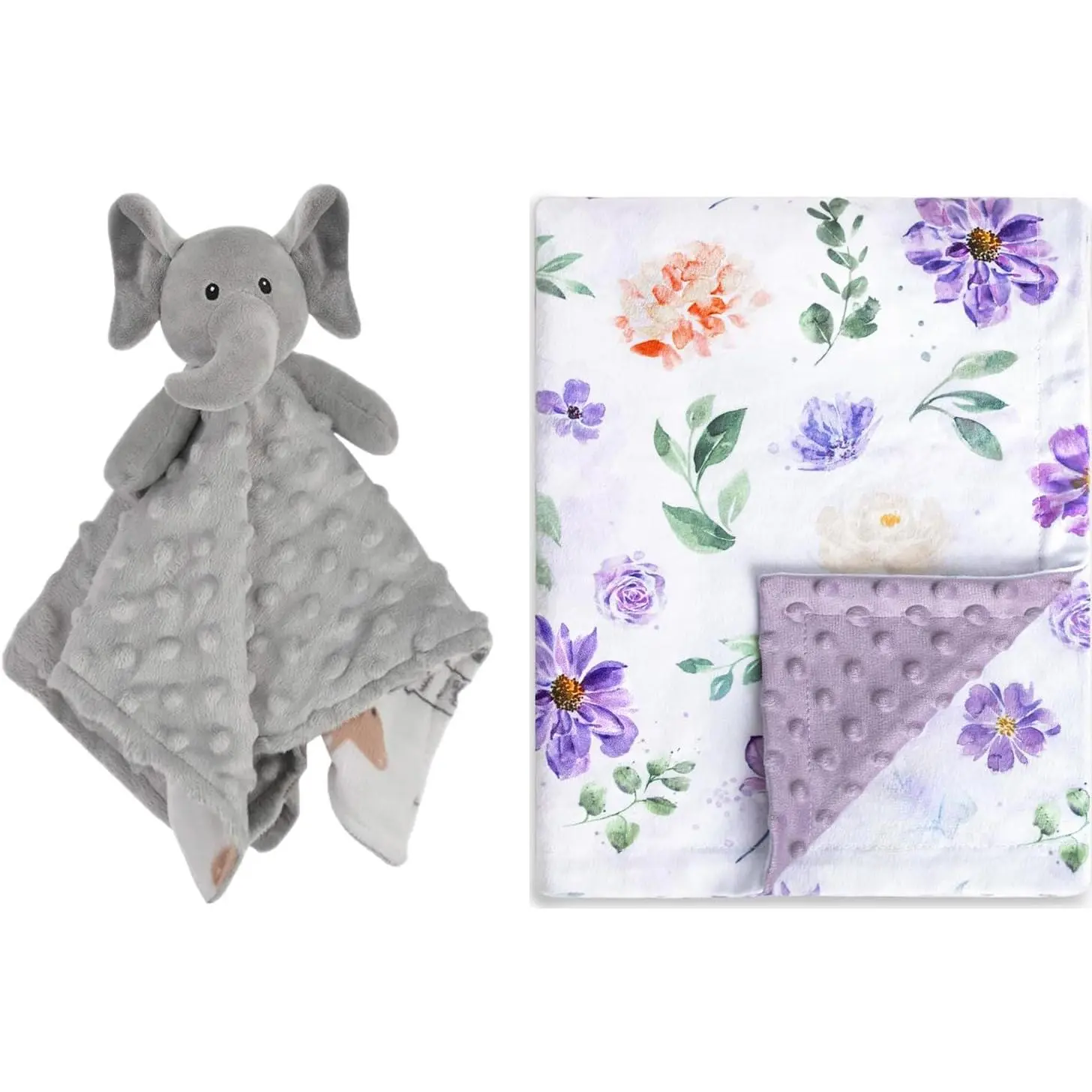 Elephant Baby Security Blanket+Purple Baby Blanket Soft Dot Lovey Blanket with Lovely Animal Pattern Backing, Plush Cuddle Blankie