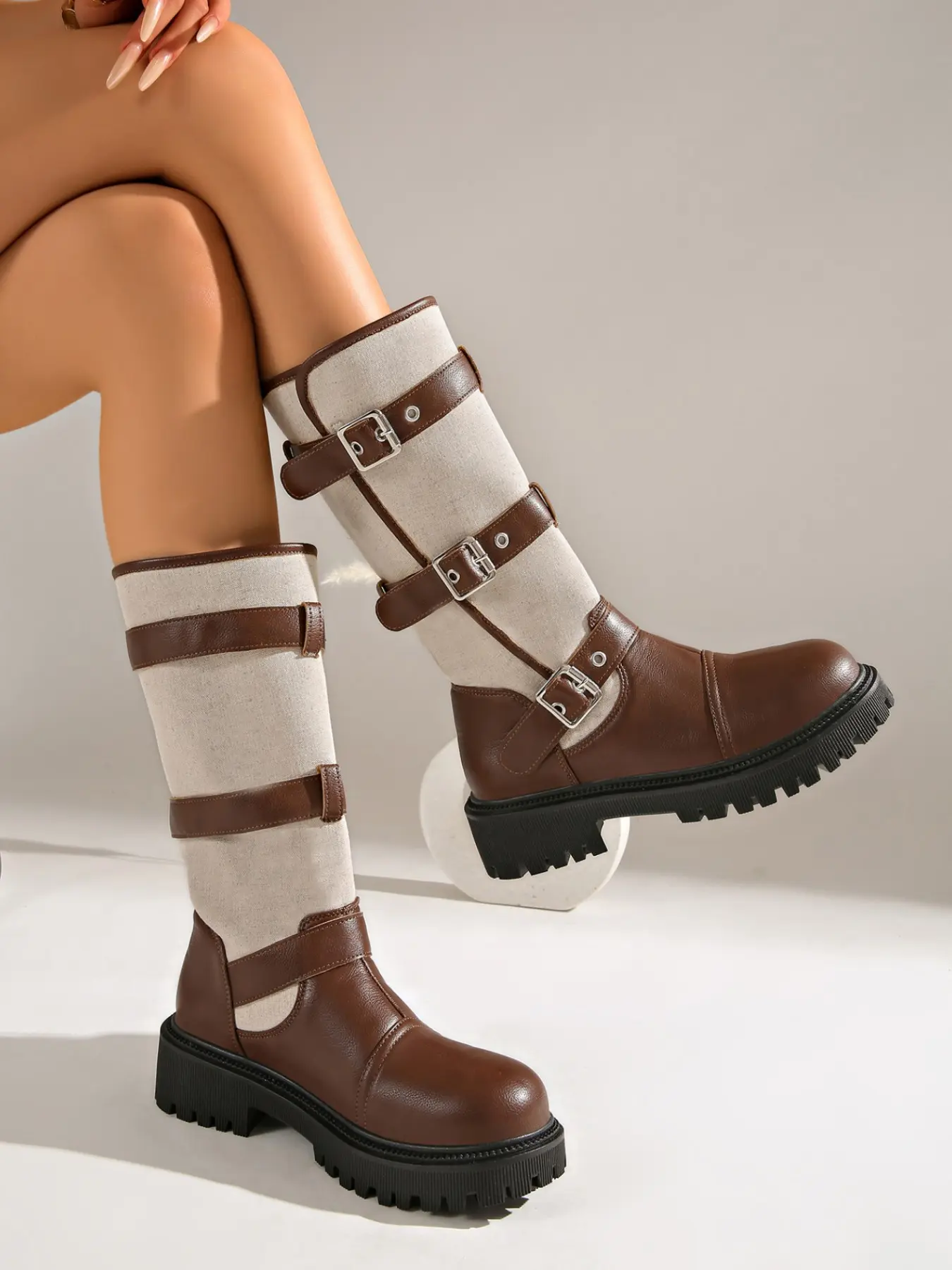 Cool Street Style Thick Sole Mid-Calf Women's Boots, Colorblock Canvas Motorcycle Shoes, Round Toe Anti-Slip Height-Boosting Knight Boots