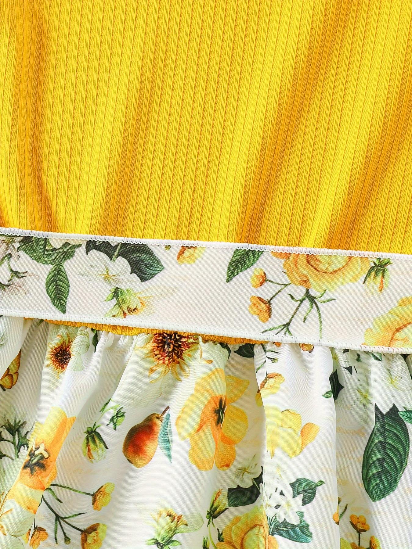 Girls' Patchwork Yellow Romantic Floral Print Dress with Belt, Elegant Princess Skirt Party and Evening Wear, Soft, Suitable