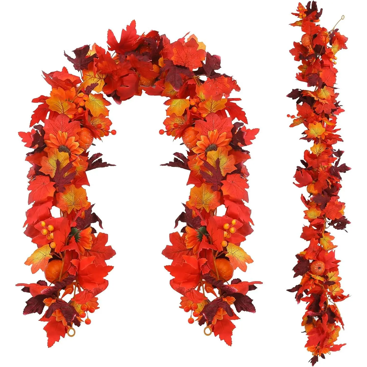 7ft Orange Artificial Fall Garland with Maple Leaves, Pumpkins, Berries, Bold Look & Flexible Vine - Thanksgiving, Halloween/Thanks Decor for Fireplace Mantel, Doorway, Synthetic